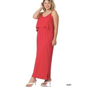 Zenana‎ Ruby Red Ribbed Double Layer Side Slit Maxi Dress Plus Size 2X
